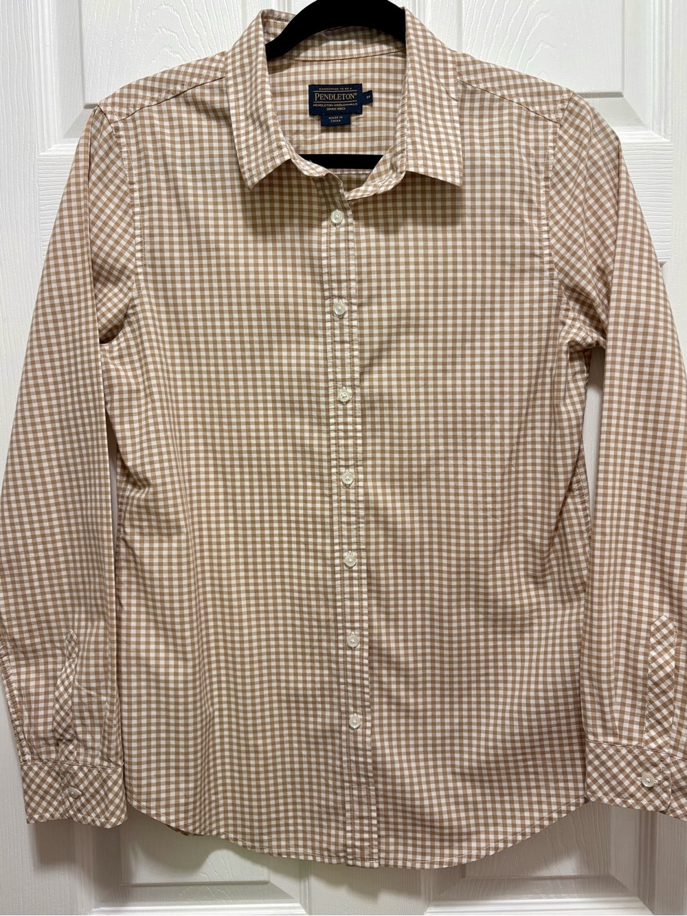 Pendleton Tan White Gingham Plaid Button Down Shirt Women Medium Cotton EUC - Picture 2 of 6